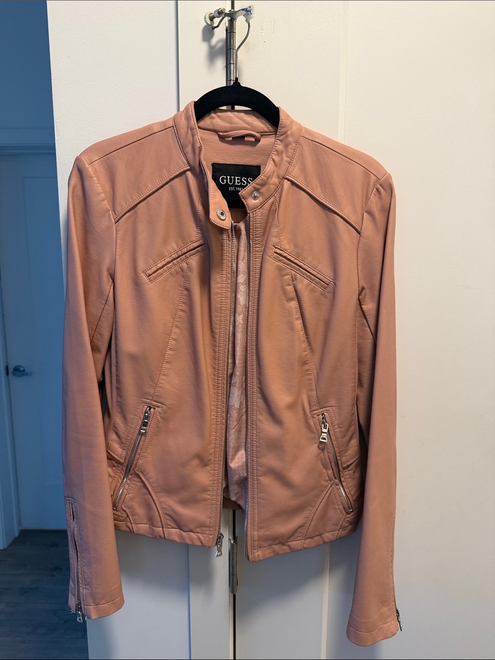 GUESS Women's Dusty Pink Faux Leather Moto Jacket